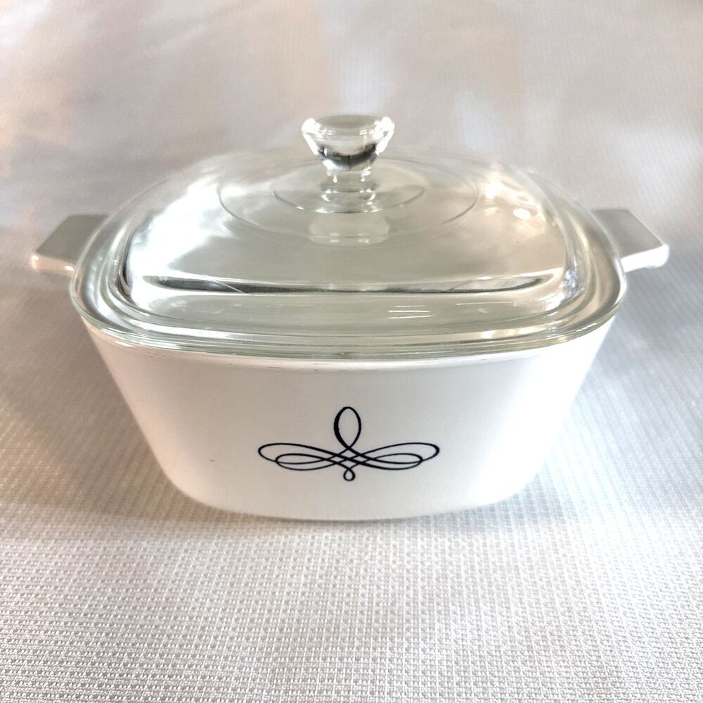 Vintage CorningWare 1.75 Quart Casserole Dish – Black Trefoil Scroll - MCM - USA